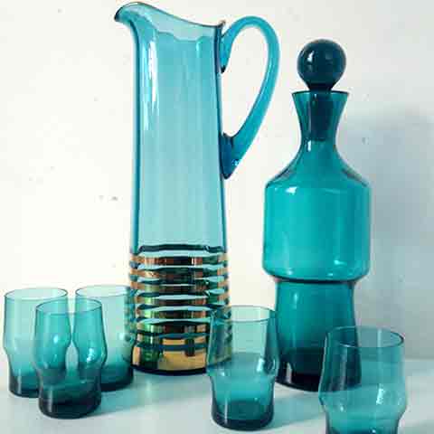 DECANTER SET, 1960s - 70s Aqua (Decanter, Jug & 5 x Glasses)